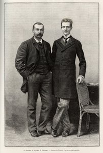 物語の著者である探検家ガブリエル・ボンヴァロ（1853-1933）と航海の写真家であるアンリ・ドルレアン王子（1867-1901）のポートレイト。ガブリエル・ボンヴァロ（18歳）の「パリからトンキンへ、未知のチベットを通って」という物語を説明するための、ティリアットによるエングレーヴィング。 作： Henri Thiriat