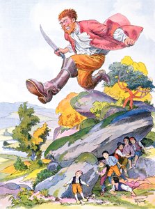 親指トムと彼の兄弟を狩る鬼、ペローのおとぎ話「親指トム」（「Le Petit Poucet」）のイラスト、20世紀初頭（カラーリソ）
