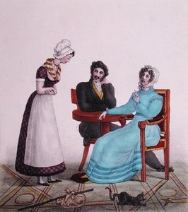 そして何よりも良い子でいてね！」、メイドが出かける前に話しているカップルの風刺画、1820年～30年頃（カラーリトグラフ） 作： Henri Villain