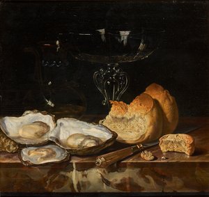 カキ、パン、ベネチアン ワイングラスのある静物、1661 年。 作： Henri de Fromantiou