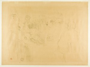 ルボーディ裁判、証拠を提示するマドモアゼル・マルシー 作： Henri de Toulouse-Lautrec