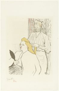 美容師は鏡を手に座っている女性の髪をとかす ル ヘアドレッサー Program du Théâtre Libre 作： Henri de Toulouse Lautrec (signed by artist)