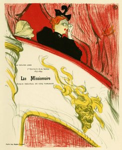 双眼鏡を使って劇場の楽屋にいる女性。 宣教師のポスター、マルセル・ルゲの演劇、1893年にアンドレ・アントワーヌ（1858-1943）によって作成されたフリーシアターで1893年に表され、アンリ・ド・トゥールーズ・ロートレックによるリトグラフのイラスト 作： Henri de Toulouse Lautrec