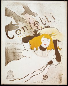 紙吹雪：黄色い髪の女性の手首に紙吹雪を投げる手。Henri de Toulouse-Lautrec（1864-1901）のポスター。薄い。0.54 x 0.39.1893.アルビ、トゥールーズ・ロートレック美術館（Musee Toulouse Lautrec 作： Henri de Toulouse Lautrec