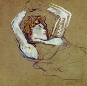 背中の上に横たわる女性、腕を上げる 作： Henri de Toulouse Lautrec