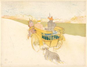 "Partie de Campagne" (田舎のお出かけ) 開いた馬車に乗った男女が、犬と一緒に風景の中をドライブする Partie de campagne (オブジェクトのタイトル) 作： Henri de Toulouse Lautrec