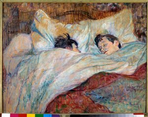 ベッド 寝ている二人の子供厚紙に油彩画 アンリ・ド・トゥールーズ・ロートレック（1864-1901）作 1892年 薄暗い。0.54x0.7 m Paris, musee d