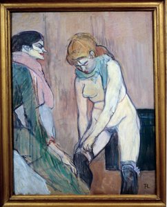 ストッキングを引っ張る女」または「家の女」 厚紙に描かれた絵画 アンリ・ド・トゥールーズ・ロートレック（1864-1901） 1894年 日。0,58x0,46 m パリ、オルセー美術館 作： Henri de Toulouse Lautrec