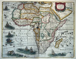 1631年にアムステルダムで出版された「Nova Tabula Africae」のアフリカ地図（彩色された彫刻）。 作： Henricus Hondius