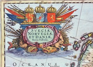 スウェーデン、ノルウェー、デンマークの地図からのカルトゥーシュ、1631年（カラー彫刻） 作： Henricus Hondius II