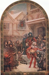 慈善事業を行うリチャード・ウィッティントン卿（1358-1423）、『ハッチンソンの英国国家物語』の挿絵（カラーリトグラフ版 作： Henrietta (after) Rae