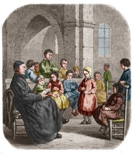 Le cathechisme」アンリエット・ブラウン（Mme Jules de Saux, dit）（旧姓Henriette Sophie de Bouteiller）（1829-1901）の絵画に基づく1860年のエングレーヴィング。