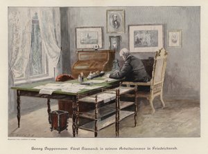 ドイツ・フリードリヒスラーの書斎にいるオットー・フォン・ビスマルク（彩色彫刻 作： Henriette Deppermann