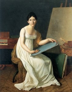 白いドレスを着てスケッチをする画家の肖像 作： Henriette Lorimier