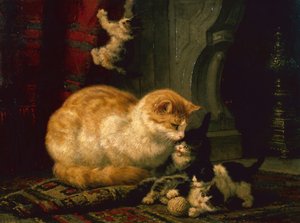 遊ぶ子猫（パネルに油彩） 作： Henriëtte Ronner Knip