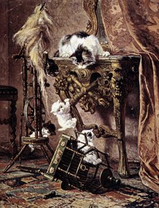 子猫の遊びを見守る猫 - by Henriette Ronner 作： Henriëtte Ronner Knip