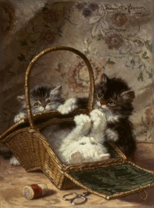 ミシンバスケットを持つ若い猫 作： Henriëtte Ronner Knip