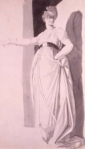 凝った髪型の若い女性が右腕を伸ばして立っている様子（鉛筆・水彩 作： Johann Heinrich Füssli