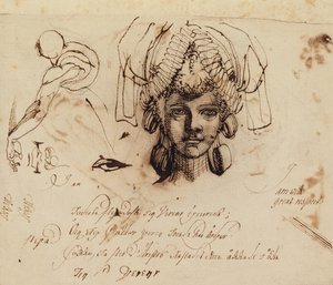 精巧な頭飾りを身に着けたフセリ夫人と目、口、胴体の習作（ペンとインク） 作： Johann Heinrich Füssli