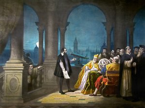 1609年、ヴェネツィア・ドージェとヴェネツィア元老院のレオナルド・ドナートに望遠鏡を見せるガリレオ・ガリレイ（1900年頃、リトグラフ）。 作： アンリ（後）デトゥーシュ