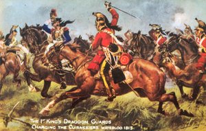 ワーテルロー1815年、キュイラッシェ軍に突撃する第1キングス・ドラグーン・ガード（カラーリトグラフ版 作： Henry A. Payne