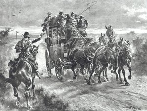 19世紀初頭、駅馬車を手にするハイウェイマン「Stand and Deliver」(リトグラフ) 作： Henry A. Payne