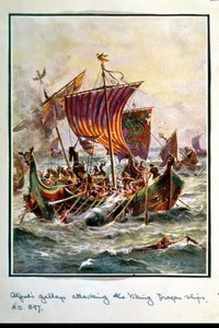 バイキングドラゴン船を攻撃するアルフレッドのギャレー、897 AD、「ハチソンのイギリス国民の物語」、1920年頃のイラスト 作： Henry A. Payne