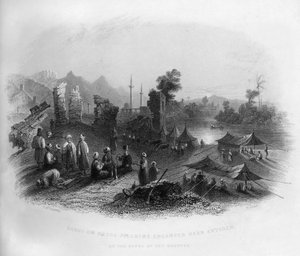 1841年、トルコのオロンテスのほとりにあるアンティオキアの近くに野営したハジメッカ巡礼者。 作： Henry Adlard