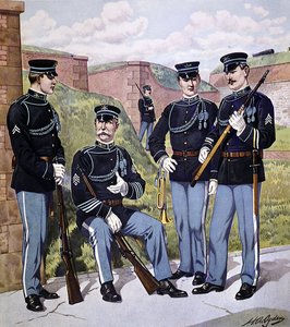 1902年から07年にかけてのアメリカ歩兵のフルドレス姿、1903年モデルのアメリカ製マガジンライフルで武装した姿（カラーリトグラフ）