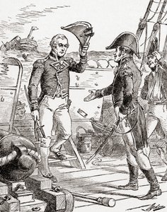 HMSゲリエールのダクレス大尉が降伏し、1812年の戦争中に敗北した後、USS憲法に乗ってハル大尉に彼の剣を提供します。