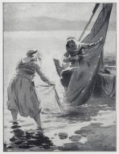 ガリラヤの海で網を洗う（リトグラフ 作： Henry Andrew Harper