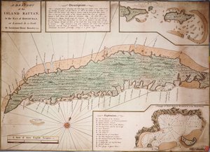北緯16度22分、ホンジュラス湾に浮かぶラタン島の吃水図（ヘンリー・バーンズリー中尉著、1742年