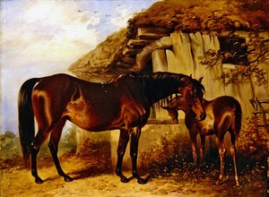 雌馬と子馬（油彩・ボード） 作： Henry Barraud