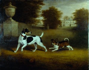 チズウィックの庭にいる第6代公爵の愛犬、テリアの「ベティ・マーティン」と雑種の「アイドル」（油彩・キャンバス 作： Henry Bernard Chalon