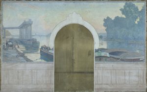 アスニエール市庁舎の結婚会場のスケッチ：風景。アスニエール橋とセーヌ川のはしけ、1900年頃（油彩・カンヴァス） 作： Henry Bouvet