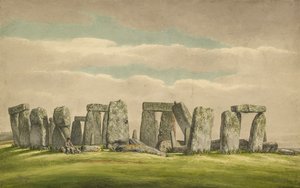 北西から見たストーンヘンジ、人と犬のいる廃墟、1824～1839 年