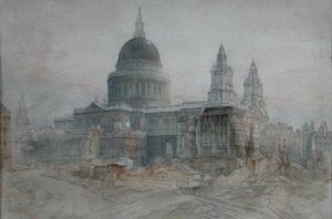 戦後のセントポール大聖堂、1947年頃（紙に水彩と鉛筆） 作： Henry Charles Brewer