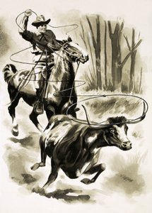 カウボーイはなげなわで馬からステアをロープします 作： Henry Charles Fox