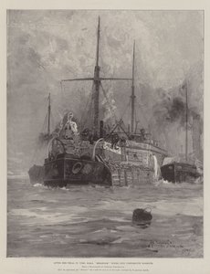 火事裁判の後、HMS Belleisleはポーツマス港に曳航しました 作： Henry Charles Seppings Wright