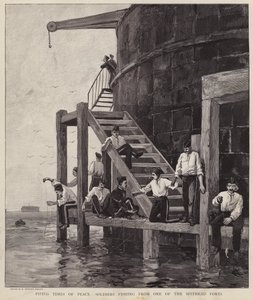 ハンプシャー州スピットヘッドの砦の一つで釣りをするイギリス兵（リトグラフ 作： Henry Charles Seppings Wright