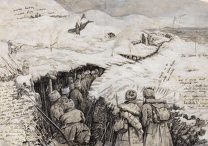 ガリシア、1916年3月13日、雪に覆われた丘のロシア軍（紙にインクとガッシュ） 作： Henry Charles Seppings Wright