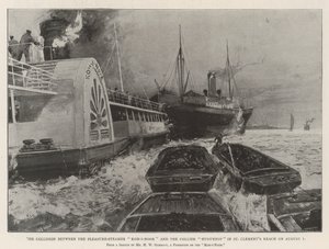 8月1日、セントクレメントのリーチにおけるプレジャースチーマーコーイーヌールとコリアーユグノーの衝突 作： Henry Charles Seppings Wright