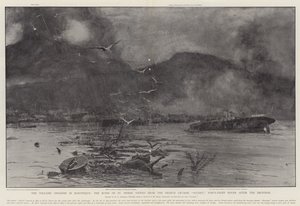マルティニーク島の火山災害、フランスの巡洋艦スケットから見た聖ピエールの遺跡、噴火から48時間 作： Henry Charles Seppings Wright
