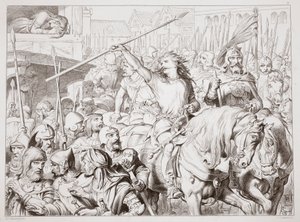 ヘレワードがバーサーカーに変わった経緯、パブ、チャールズキングスレーのヘレワード大王のイラスト。 1870年、CGルイスによる彫刻（鋼板の彫刻）