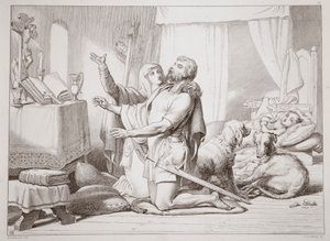 TorfridaがHerewardに祈りを教える方法。 1870年、CGルイスによる彫刻（鋼板の彫刻） 作： Henry Courtney Selous