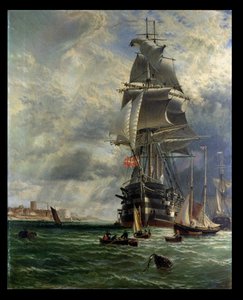 1868年、ポーツマスのハスラークリークへの入り口を離れた彼女の係留所にあるHMSセントビンセント 作： Henry Dawson
