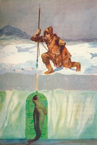 アザラシの呼吸孔に槍を刺そうとするエスキモー」1927年頃、1928年頃 作： Henry Evison