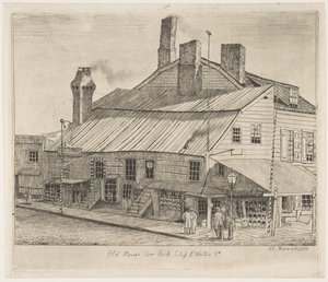 オールドハウス、ペックスリップのコーナー、オールドニューヨークのシーンからのウォーターストリート、1870年。
