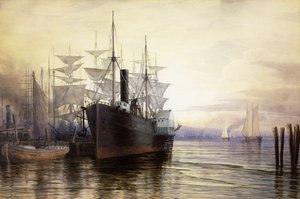 日没、ニューヨーク港、1880 作： Henry Farrer