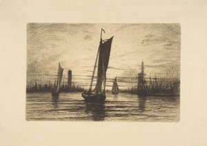 1879年、イーストリバーに沈む夕日。 作： Henry Farrer